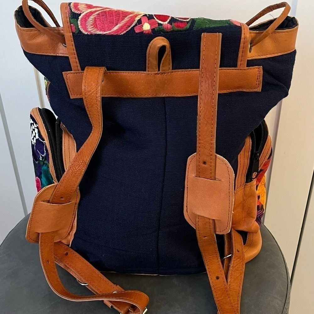 Suede Backpack | Embroidered Flowers | Mexican | Multicolored - Picture 5 of 6